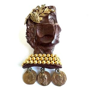 Julius Caesar 1940’s Rare Hand Carved Wood & Gilt Brass Brooch